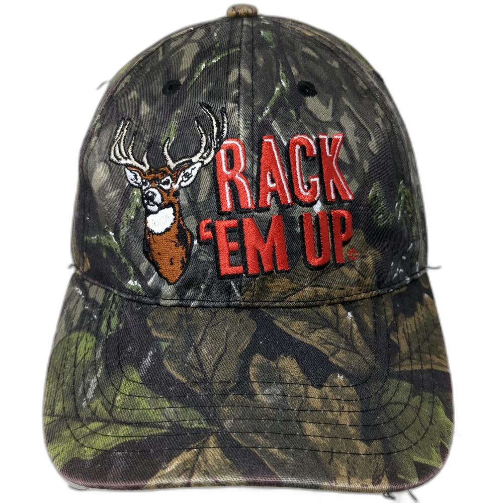Green Camouflage Baseball Cap OSFM Rack Em Up Buck Deer Hunting Strapback Hat